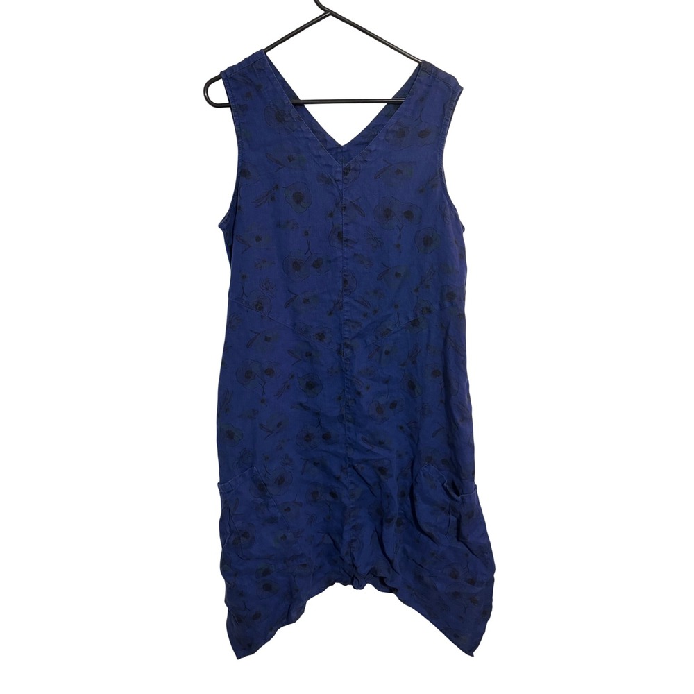 Click Color Me Cotton Blue Floral Linen Lagenlook Handkerchief Hem Dress XL
